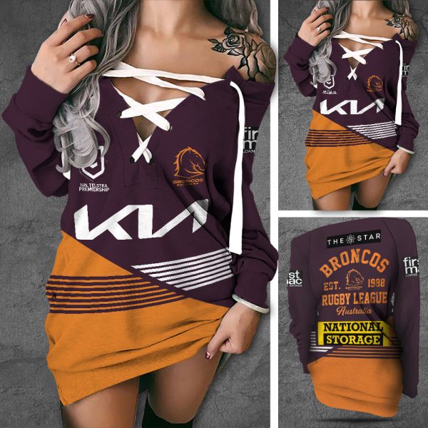 Brisbane Broncos Off Shoulder Deep V-Neck Lace Up Long Sleeve Pullover - TANTN 1879