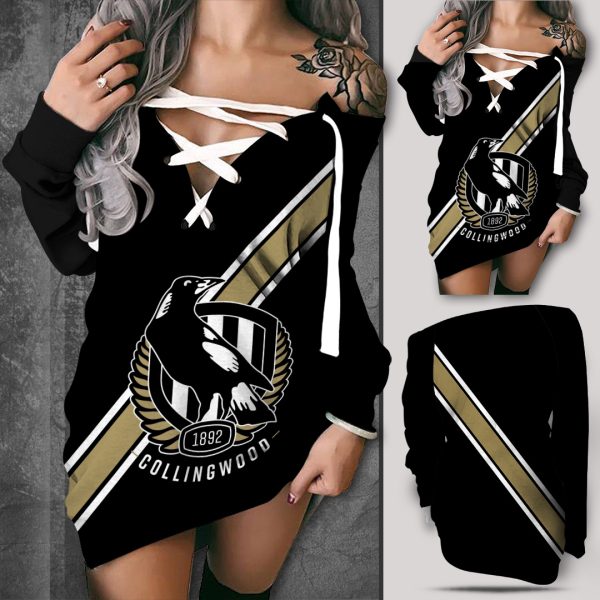 Collingwood FC Off Shoulder Deep V-Neck Lace Up Long Sleeve Pullover - TANTN 1848