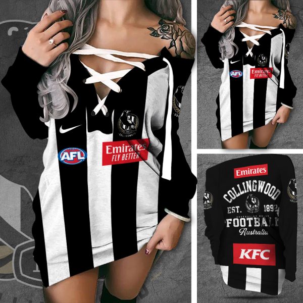 Collingwood FC Off Shoulder Deep V-Neck Lace Up Long Sleeve Pullover - TANTN 1876