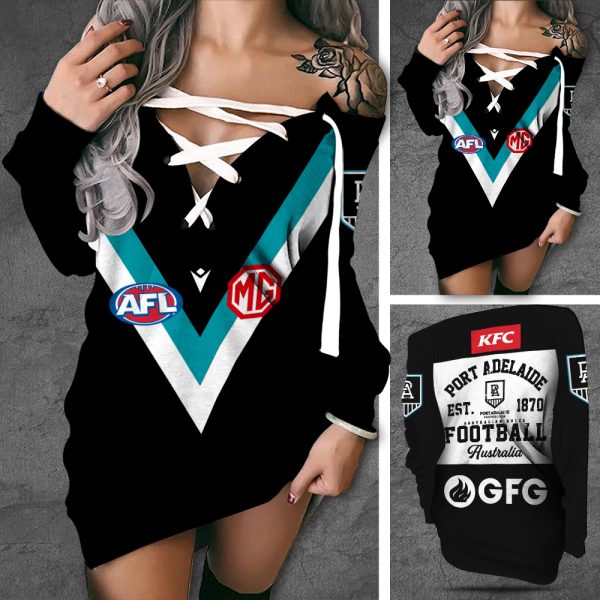 Port Adelaide FC Off Shoulder Deep V-Neck Lace Up Long Sleeve Pullover - TANTN 1878