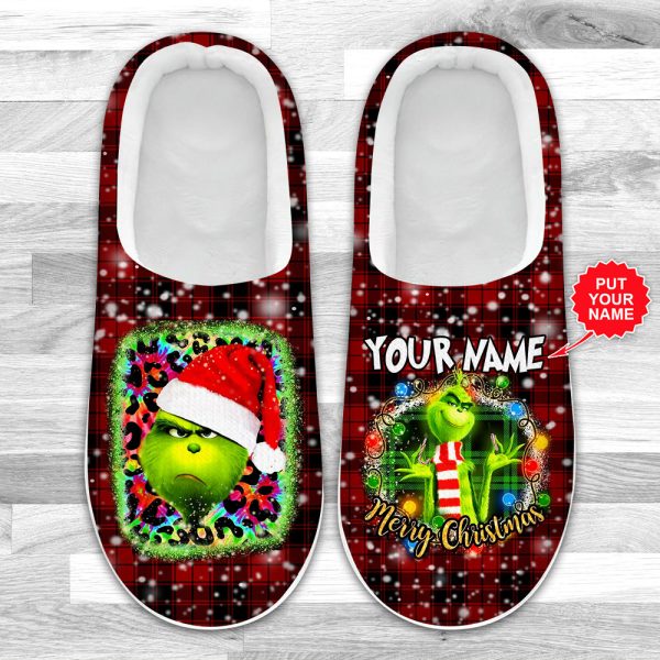 Personalized Grinch Custom Home Fleece Slippers - VANDH 1856