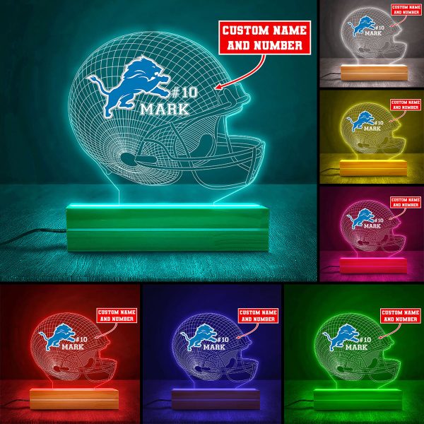 Personalized Detroit Lions Led Light with Wooden Base (7 Colors) - VANDH 2325