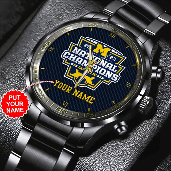 Personalized Michigan Wolverines Football Black Stainless Steel Watch - GNE 158