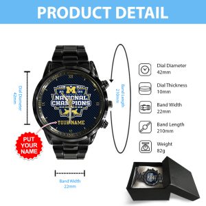 Personalized Michigan Wolverines Football Black Stainless Steel Watch - GNE 158