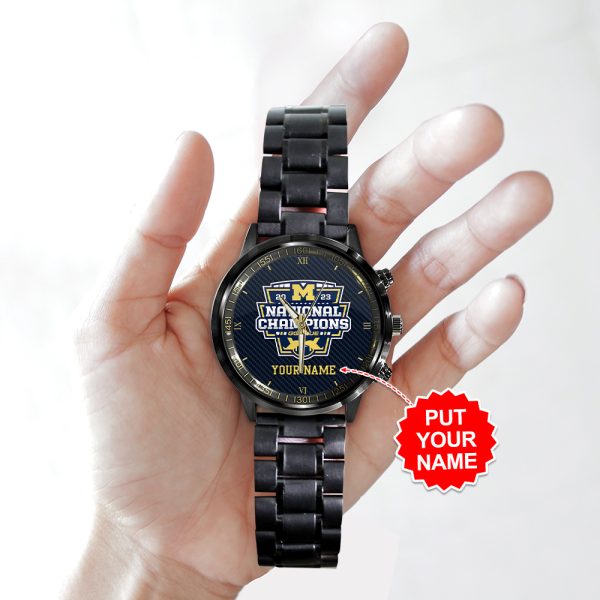 Personalized Michigan Wolverines Football Black Stainless Steel Watch - GNE 158