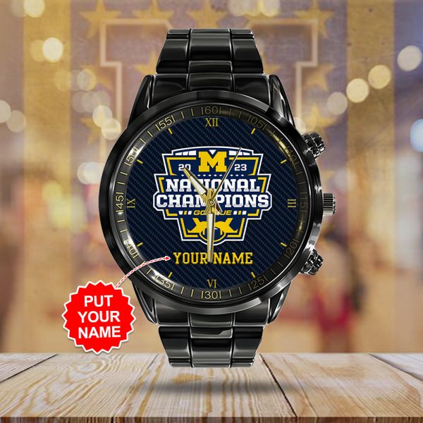 Personalized Michigan Wolverines Football Black Stainless Steel Watch - GNE 158