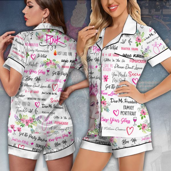 P!nk Imitation Silk Pajama Set With Short Sleeve - VANDH 2540