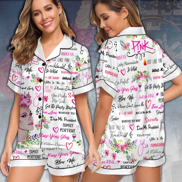 P!nk Imitation Silk Pajama Set With Short Sleeve - VANDH 2540