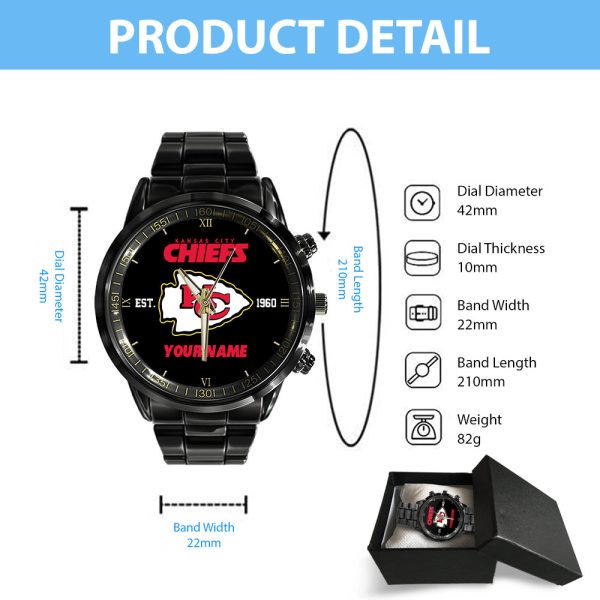 Personalized Kansas City Chiefs Black Stainless Steel Watch - HUANNM 4880