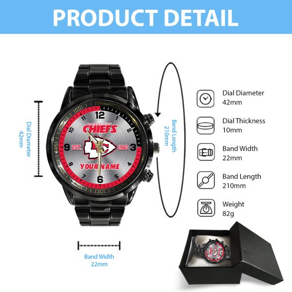 Personalized Kansas City Chiefs Black Stainless Steel Watch - HUANNM 4881