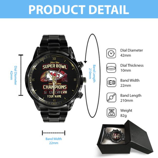 Personalized Kansas City Chiefs Black Stainless Steel Watch - HUANNM 4883