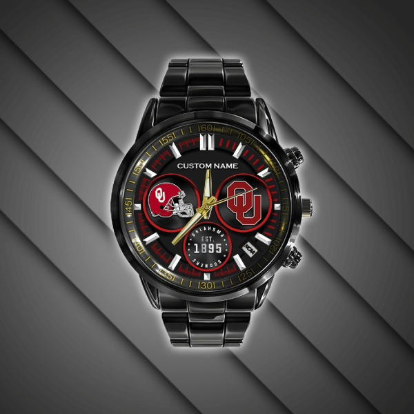 Personalized Oklahoma Sooners Football Black Stainless Steel Watch - HUANNM 5092