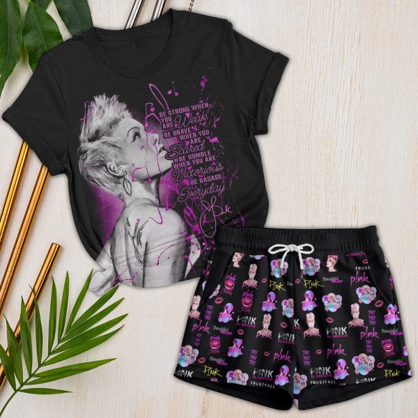 P!nk Women O-Neck T-Shirt and Casual Shorts Set - HOATT 4973