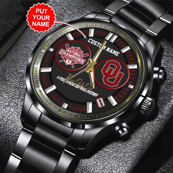 Personalized Oklahoma Sooners Women's Softball Black Stainless Steel Watch - TANTN 6904