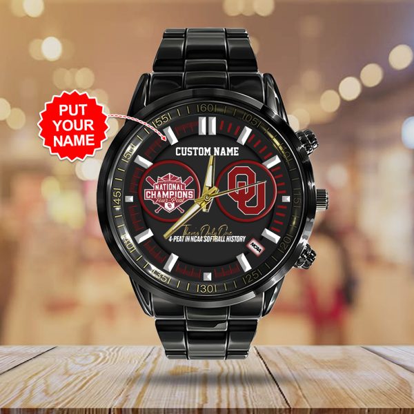 Personalized Oklahoma Sooners Women's Softball Black Stainless Steel Watch - TANTN 6904