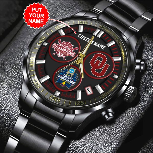 Personalized Oklahoma Sooners Women's Softball Black Stainless Steel Watch - TANTN 6913