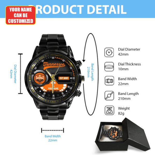 Personalized Tennessee Volunteers Baseball Black Stainless Steel Watch - TANTN 7151