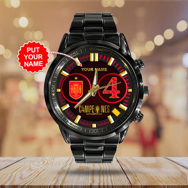 Personalized Spain National Football Team Black Stainless Steel Watch - HOATT 5561