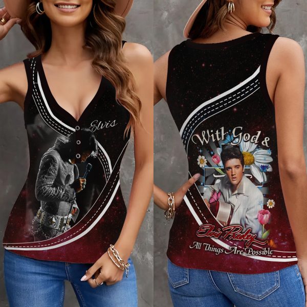 Elvis Presley Women V-Neck Ribbed Tank Top - HUANNM 5477.1