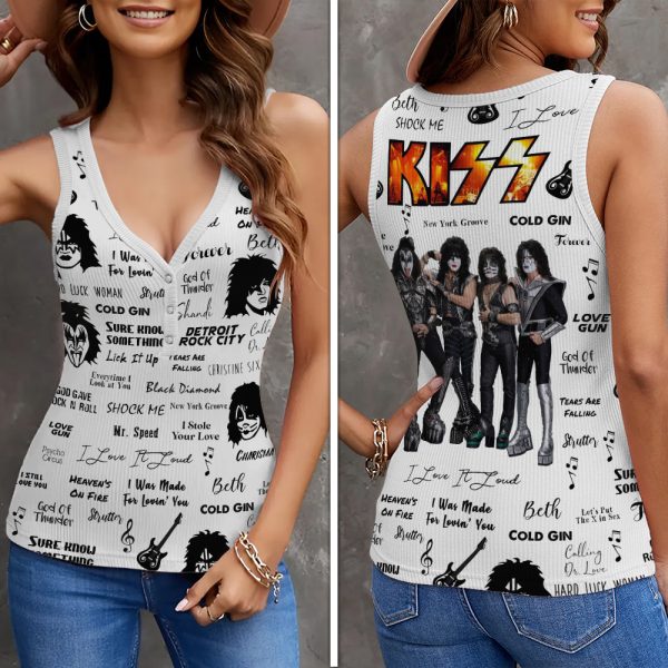 Kiss Band Women V-Neck Ribbed Tank Top - HOATT 5684