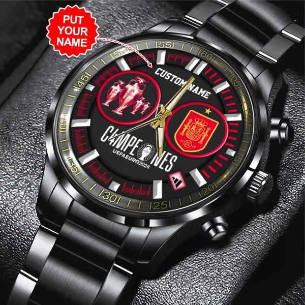 Personalized Spain National Football Team Black Stainless Steel Watch - TANTN 7398