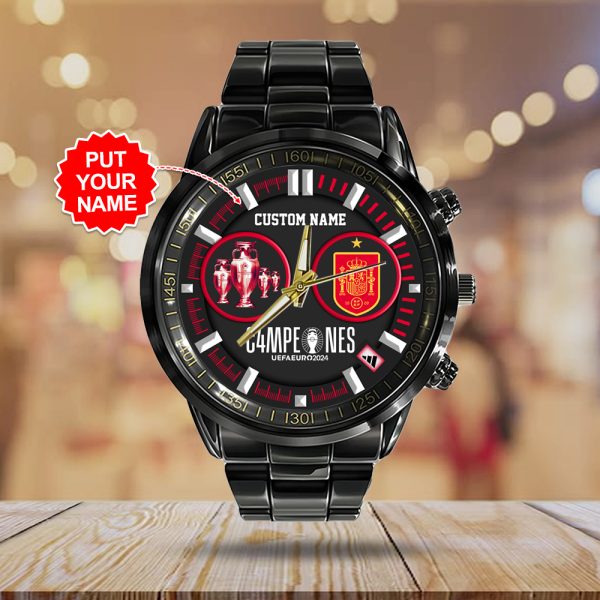 Personalized Spain National Football Team Black Stainless Steel Watch - TANTN 7398