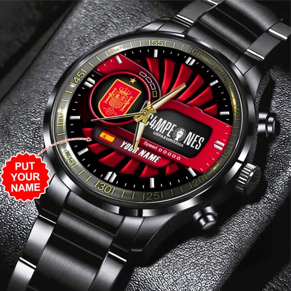 Personalized Spain National Football Team Black Stainless Steel Watch - TANTN 7399