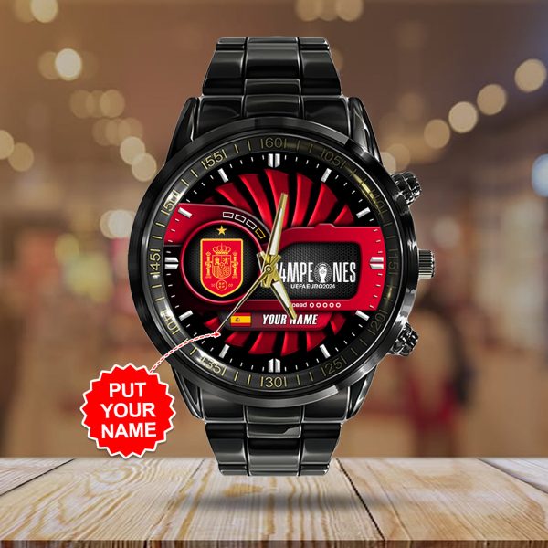 Personalized Spain National Football Team Black Stainless Steel Watch - TANTN 7399