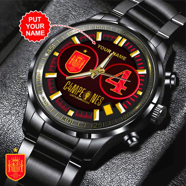 Personalized Spain National Football Team Black Stainless Steel Watch - HOATT 5561