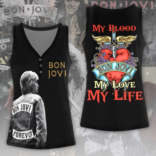 Bon Jovi Women V-Neck Ribbed Tank Top - ANHNV 5107