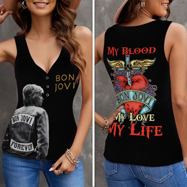 Bon Jovi Women V-Neck Ribbed Tank Top - ANHNV 5107