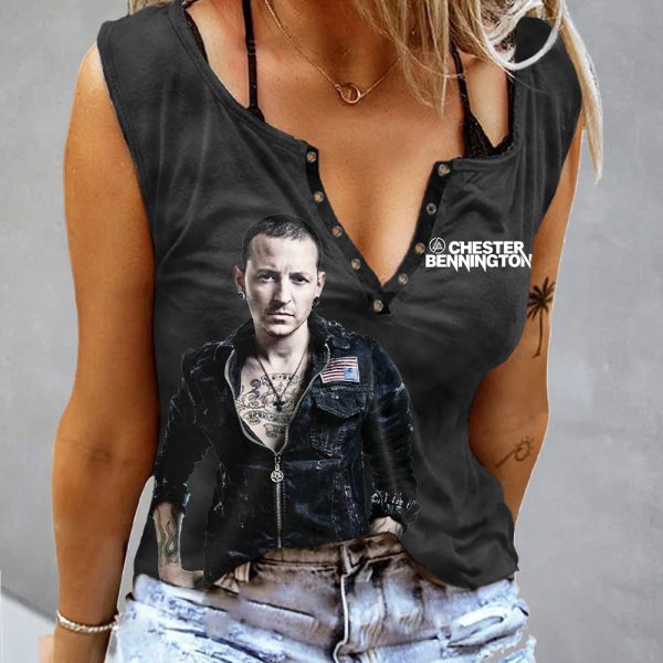 Linkin Park x Chester Bennington Women's Button V-neck Sleeveless Shirt - MAITM 8131