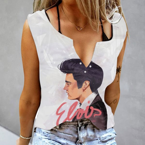 Elvis Presley Women's Button V-neck Sleeveless Shirt - GNE 1478