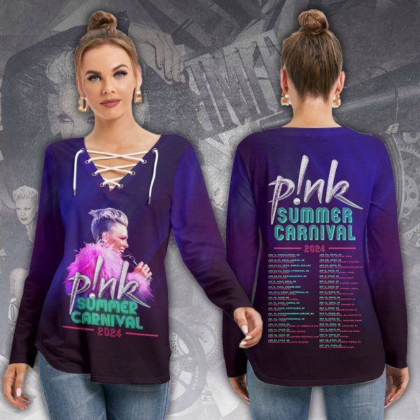 P!nk Women's Long Sleeve Neckline Tie Sweatshirt - MAITM 7977