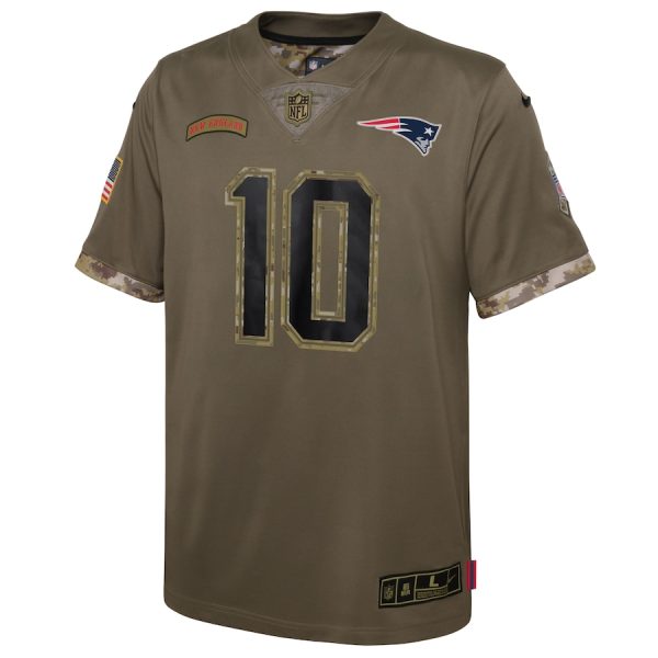 Youth New England Patriots Mac Jones Nike Olive Salute To Service Player Limited Jersey - GNE DROP538