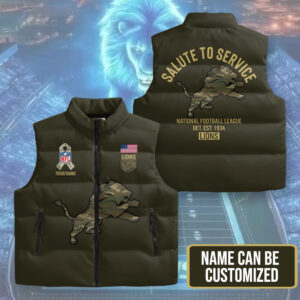 Personalized Detroit Lions x Salute To Service 3D Sleeveless Down Jacket - TMTHU1136