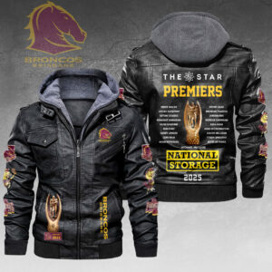 Brisbane Broncos 2025 NRL Premiers 2D Leather Hooded Jacket - HOATT14068