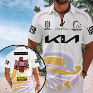 Brisbane Broncos 2025 NRL Premiers Short Sleeve Button-Down Shirt - HOATT14012