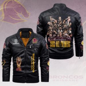 Brisbane Broncos 2025 NRL Premiers 2D Leather Yellow Fleece Jacket - HOATT14658