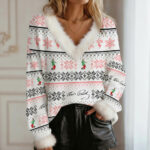 Elvis Presley 3D Women's Faux Fur Trim V-Neck Sweater - GNE4681