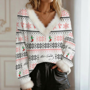 Elvis Presley 3D Women's Faux Fur Trim V-Neck Sweater - GNE4681
