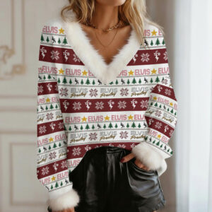 Elvis Presley 3D Women's Faux Fur Trim V-Neck Sweater - GNE4682