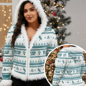 Elvis Presley 3D Women's Faux Fur Trim Hooded Velvet Jacket - GNE4680