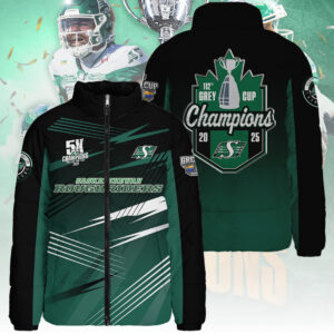 Saskatchewan Roughriders 2025 Grey Cup Champions 3D Stand Collar Puffer Jacket - TANTN18981