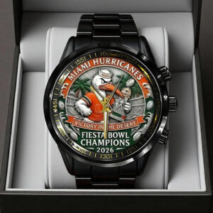 Miami Hurricanes Football 2026 Fiesta Bowl Champions Black Stainless Steel Watch - TANTN20140