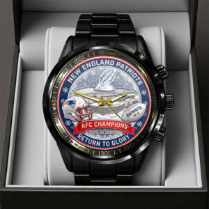 New England Patriots 2025 AFC Champions Black Stainless Steel Watch - TANTN20687