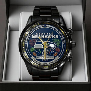 Seattle Seahawks 2025 NFC Champions Black Stainless Steel Watch - TANTN20677