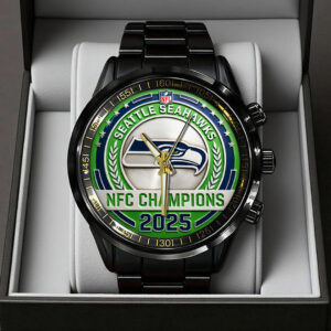 Seattle Seahawks 2025 NFC Champions Black Stainless Steel Watch - TANTN20679