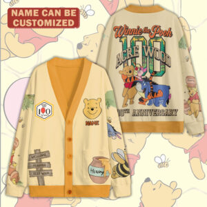 Personalized Winnie-the-Pooh 100th Anniversary Knitted V-neck Cardigan - TMTHU4447