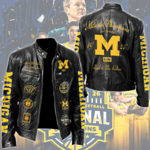 Michigan Wolverines 2026 NCAA Men’s Basketball National Champs Motorcycle Leather Jacket - TMTHU5364